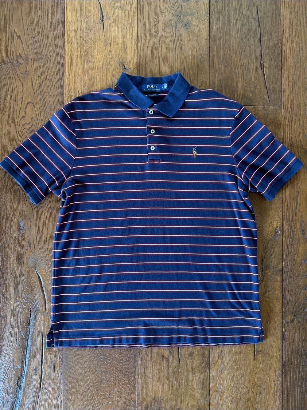Men’s Polo by Ralph Lauren Navy Polo with White and Burgundy Stripes